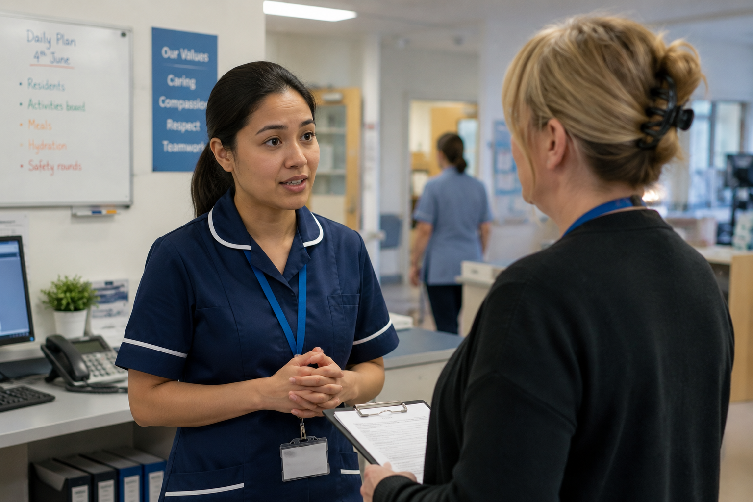 Care worker apologising professionally to their manager in a UK workplace, using calm and confident language.