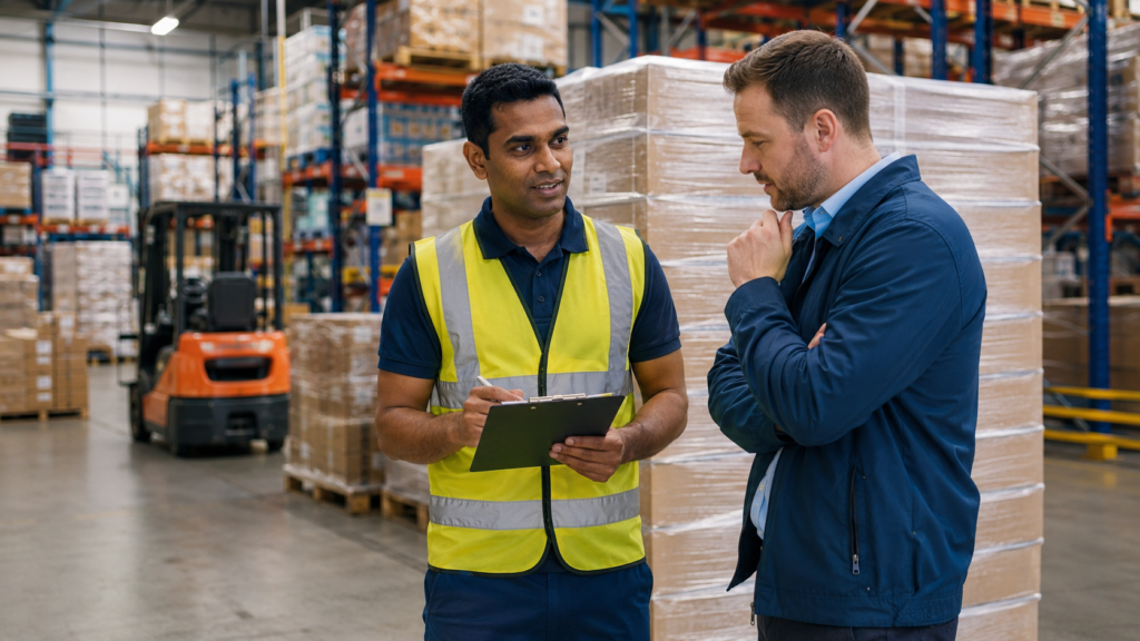 Warehouse worker checking a clipboard next to delayed pallets, calmly updating their manager about a delay at work.