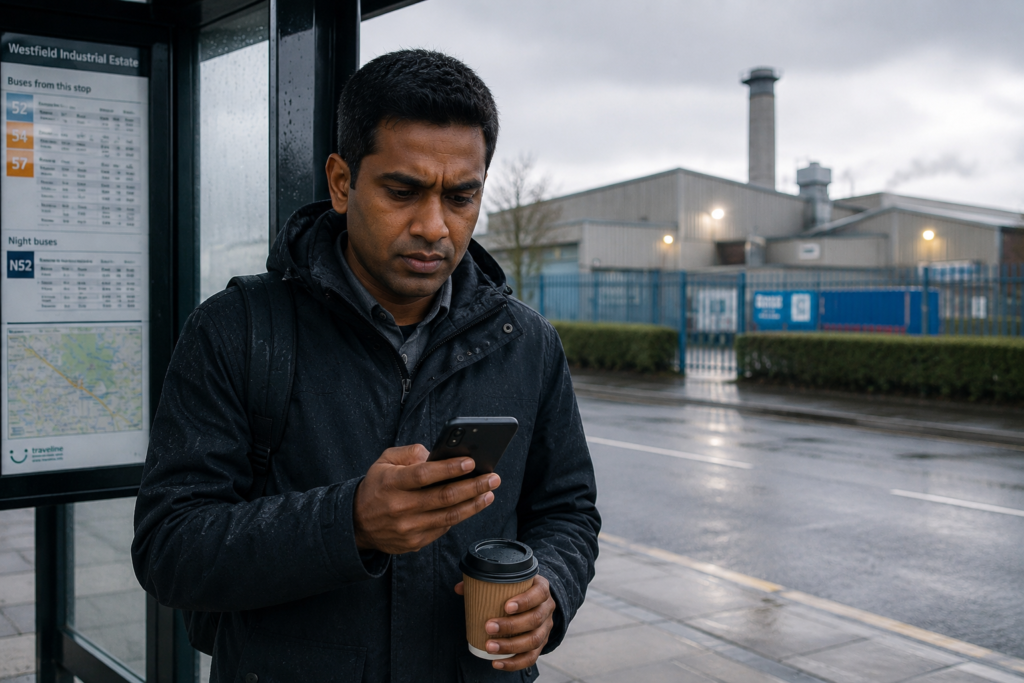 Worker checking phone at UK bus stop, messaging their manager about running late for work.