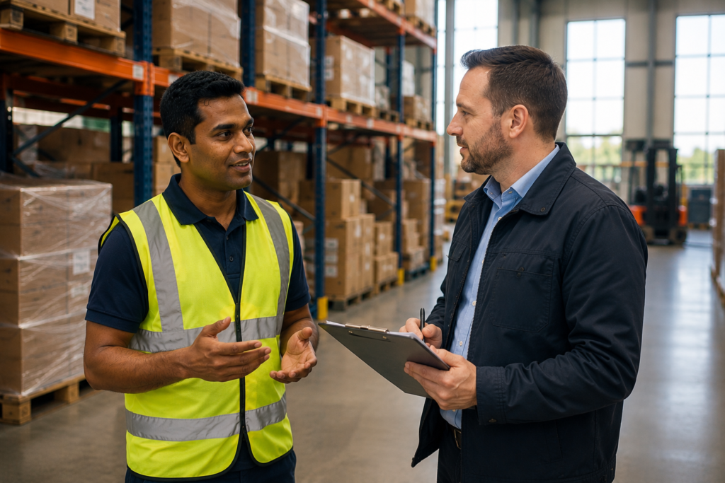 Warehouse worker asking their supervisor a clarification question during a briefing in a UK workplace.