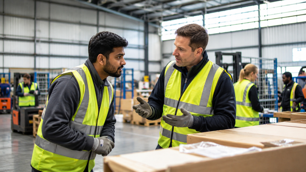 Worker asking their supervisor to repeat an instruction during a busy briefing in a UK warehouse.